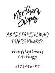 Northern Slopes is a fashionable calligraphic brush font. English alphabet and numbers drawn by hand with a brush. Lettering.