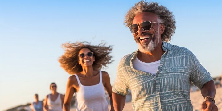 Joyful Couple Walking on Empty Beach. Generative AI