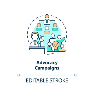 Editable advocacy campaigns icon concept, isolated vector, lobbying government thin line illustration.