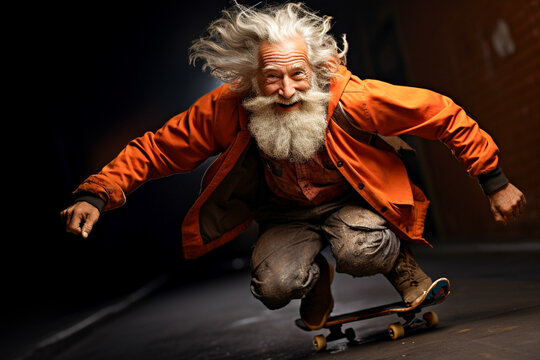 Senior bearded man portrait with skateboard. Stylish model in streetwear clothes ride skateboard on city street background. Outdoors style. Sport lifestyle. Generative AI.