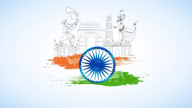 Happy Independence Day - 15th August  Ashok Chakra rotating  India gate. Creative illustration of 15th August  Indian Independence Day  greeting animation video  Happy Independence Day  Ashoka Wheel
