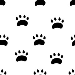 Seamless traces of dogs, black on a white background.
Pet paws for design prints, textiles, wallpapers, backgrounds, decor.
Vector eps 10.