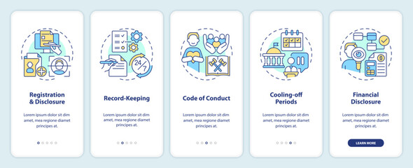 2D multicolor icons representing lobbying government mobile app screen set. 5 steps graphic instructions, UI, UX, GUI template.