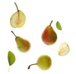 Flying ripe pears isolated on white background