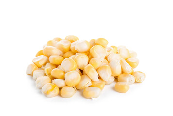 Heap of corn kernels on white background