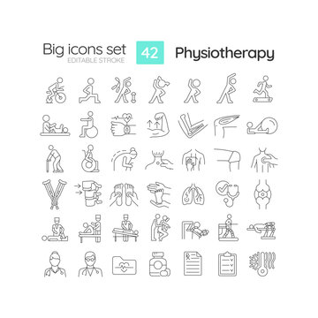 Physiotherapy linear icons set. Physical therapy. Rehabilitation center. Back pain. Sport injury. Customizable thin line symbols. Isolated vector outline illustrations. Editable stroke
