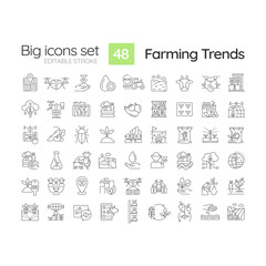 Farming trends linear icons set. Agriculture technology. Food industry. Climate change. Natural product. Customizable thin line symbols. Isolated vector outline illustrations. Editable stroke