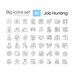 Fototapeta na wymiar Job hunting linear icons set. Employment agency. Recruitment process. Human resources. Career change. Customizable thin line symbols. Isolated vector outline illustrations. Editable stroke