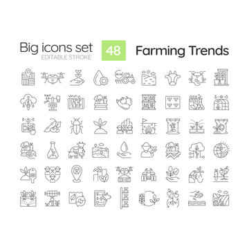 Farming trends linear icons set. Agriculture technology. Food industry. Climate change. Natural product. Customizable thin line symbols. Isolated vector outline illustrations. Editable stroke