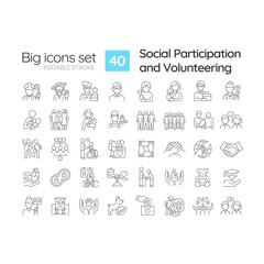 Social participation and volunteering linear icons set. Giving back to community. Civic engagement. Customizable thin line symbols. Isolated vector outline illustrations. Editable stroke