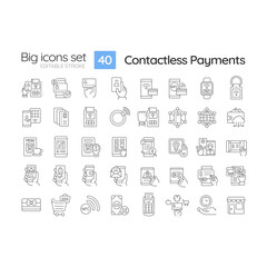 Contactless payment linear icons set. Debit card. Pay with phone Online banking. Pos terminal. Nfc technology. Customizable thin line symbols. Isolated vector outline illustrations. Editable stroke