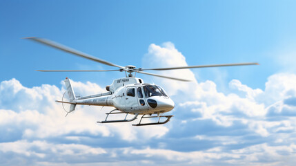 White business helicopter or aerotaxi flying in the blue sky