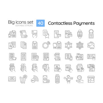 Contactless payment linear icons set. Debit card. Pay with phone Online banking. Pos terminal. Nfc technology. Customizable thin line symbols. Isolated vector outline illustrations. Editable stroke