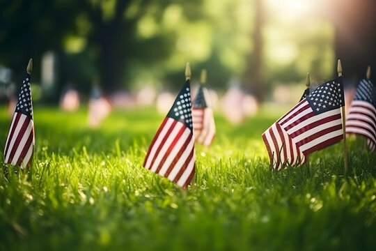 Memorial Day tribute. Many small American flags on a green lawn, neural network generated photorealistic image