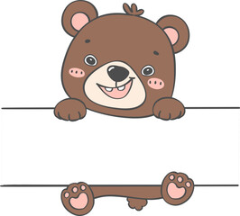 Cute Baby bear cub Animal hanging on Tag Name Frame Hand kid Drawing Illustration