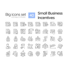 Small business incentives linear icons set. Tax credit. Economic development. Business strategy. Grant money. Customizable thin line symbols. Isolated vector outline illustrations. Editable stroke