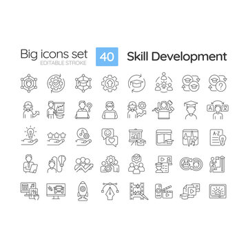 Skill development linear icons set. Professional growth. Training program. Invest in yourself. Goal achievement. Customizable thin line symbols. Isolated vector outline illustrations. Editable stroke