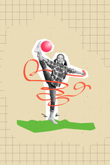 Vertical collage image of positive black white effect girl gymnast stretching leg hold stripe ball...