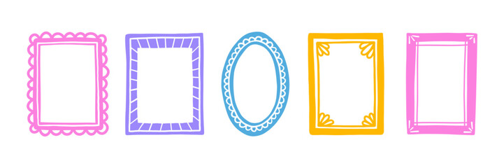 Color simple hand drawn picture frames. Doodle photo frames set. Blank hand drawn square, rectangle and circle. Scribble picture border. Vector doodle illustration isolated on white background.