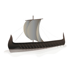 Old ship vector illustration. Galley, trireme. Ancient wooden boat with a sail and oars. 