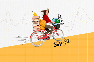 Creative collage of happy girl ride bicycle back to school pile stack book bag pencil planet earth...