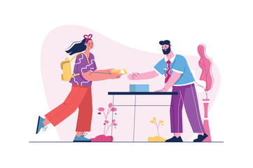 School concept with people scene in the flat cartoon style. The student brought the completed homework to her teacher. Vector illustration.