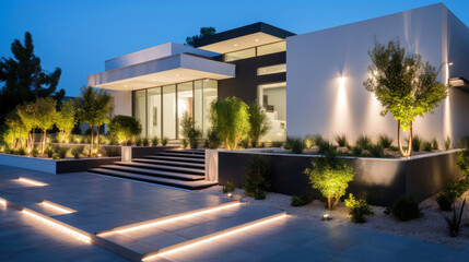 Modern house landscape illuminated ин creative light designs Generative AI