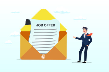 Fototapeta na wymiar Businessman candidate thinking to accept job offer email envelope, job offer or job opportunity to be promoted or new position for higher salary, employment and recruitment, human resources (Vector)