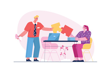 Teamwork concept with people scene in the flat cartoon style. A team of specialists is working on a joint project. Vector illustration.