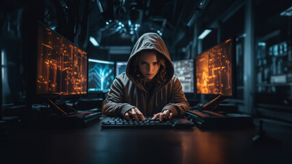 Skilled hacker sitting in front of a computer setup Fingers typing rapidly on a high-tech keyboard Cutting-edge computer equipment with multiple screens Advanced cybersecurity tools and software