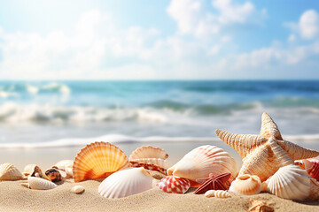 Fototapeta na wymiar Summer beach with starfish and shells