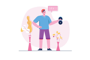 Fitness concept with people scene in the flat cartoon style. The guy is engaged in fitness and monitors his health. Vector illustration.
