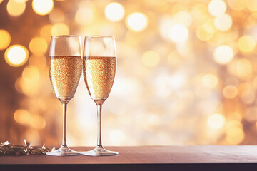  Two vine glasses on the table on a defocused golden bokeh background