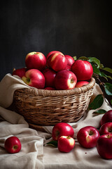 Fototapeta na wymiar Red apples in a basket on a table, in the style of smilecore