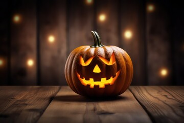 Halloween pumpkin head jack lantern on a wooden background, background for the holiday. Atmosphere for design
