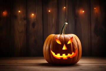 Fototapeta premium Halloween pumpkin head jack lantern on a wooden background, background for the holiday. Atmosphere for design