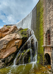 Elche swamp. Spectacular waterfall in the Elche reservoir. In Elche, Alicante, Valencian community, Spain