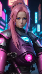 Fototapeta na wymiar Portrait of young cyber woman with neon glowing armor and elements. Cyberspace Augmented Reality, futuristic vision. 3d render on gradient backdrop.