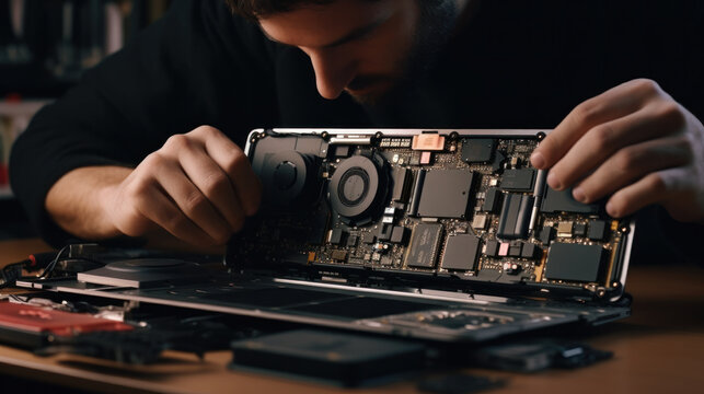 The technician hold the screwdriver for repairing the computer. the concept of computer hardware, repairing, upgrade and technology.