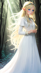 Fototapeta premium Elf girl in dress walking in fantasy fairy tale elf forest