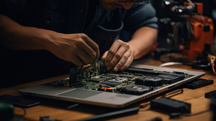 The technician hold the screwdriver for repairing the computer. the concept of computer hardware, repairing, upgrade and technology
