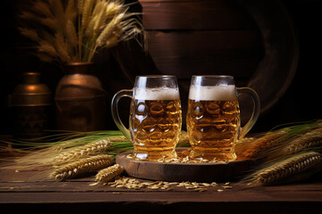 Mug of cold beer and wooden barrel on table
