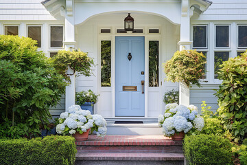  Blue front door of traditional style home.  A front entrance of a home with a blue door.