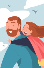 Obraz premium Happy Father Carry His Daughter on Back Walking and Spend Time Together Vector Illustration