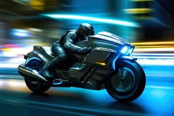 Fototapeta premium A motion blur of a robot driving a futuristic motorbike. Generative AI