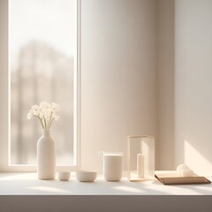 Elegant Simplicity: Aesthetic Beauty of Light Beige and Abstract Design, interior of a room with a window
