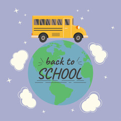 School bus on round earth and text Back to school