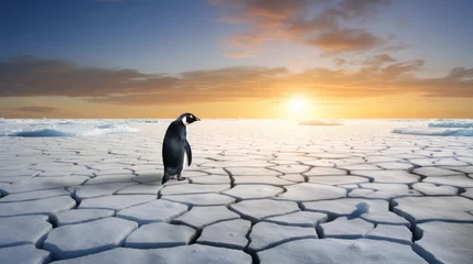 Fotobehang A lone penguin on a melting ice floe representing climate change and global warming © tetxu
