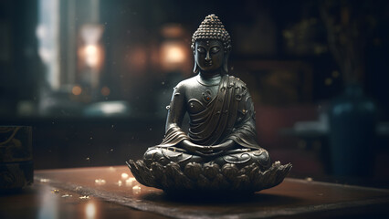 Buddha in a lotus position small statue in dark religious thoughtful environment, neural network generated image - Powered by Adobe