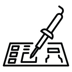 Soldering iron, vector linear black and white icon. Repairs process. Soldering the Module. Soldering iron next to the open module with components. Black line illustration on white background. Isolated